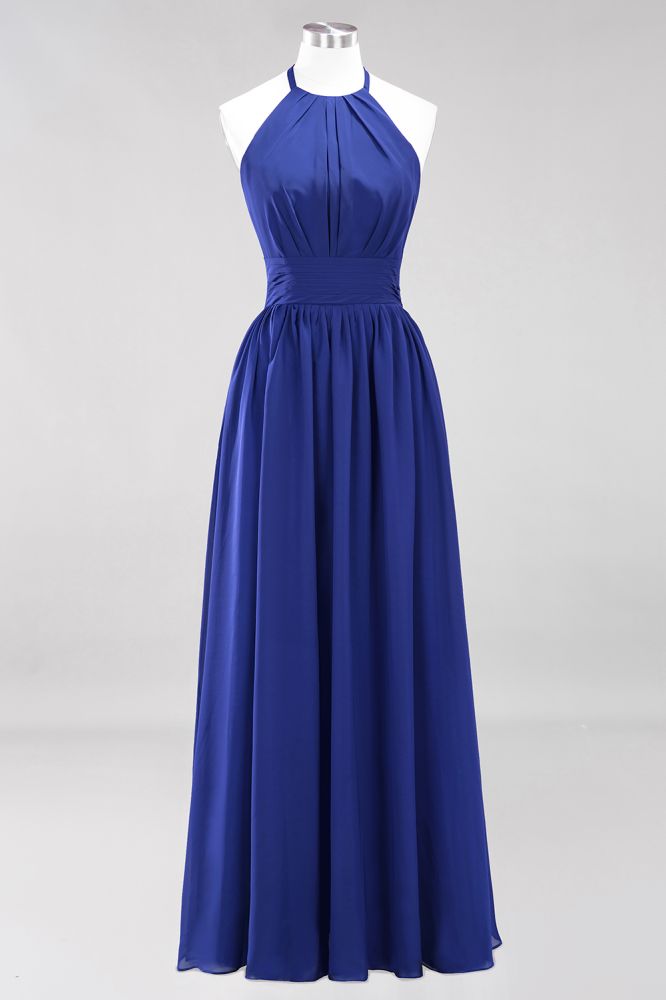 New Arrival Appliques Halter Sleeveless Long Bridesmaid Dresses with Ruffles Elegant Chiffon Evening Maxi Dress