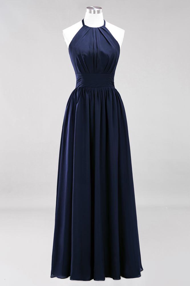 New Arrival Appliques Halter Sleeveless Long Bridesmaid Dresses with Ruffles Elegant Chiffon Evening Maxi Dress