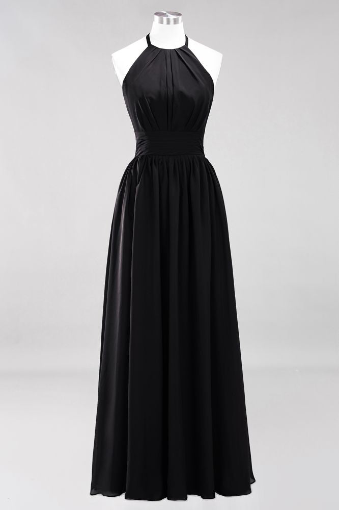 New Arrival Appliques Halter Sleeveless Long Bridesmaid Dresses with Ruffles Elegant Chiffon Evening Maxi Dress