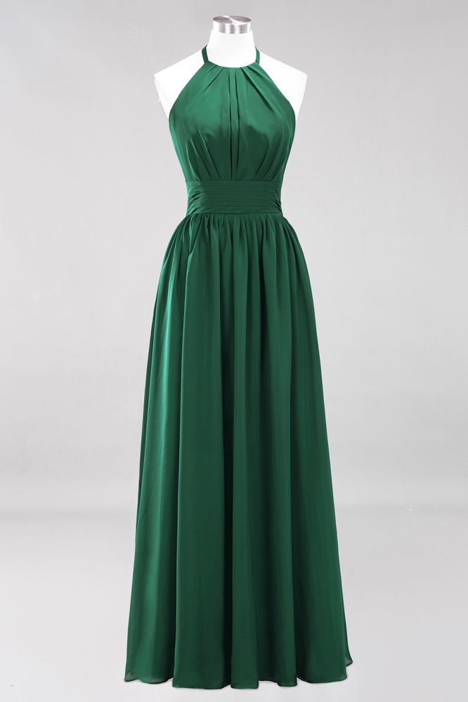New Arrival Appliques Halter Sleeveless Long Bridesmaid Dresses with Ruffles Elegant Chiffon Evening Maxi Dress