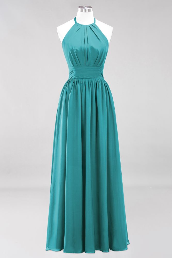 New Arrival Appliques Halter Sleeveless Long Bridesmaid Dresses with Ruffles Elegant Chiffon Evening Maxi Dress