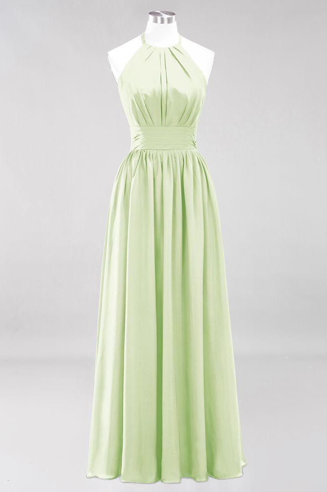 New Arrival Appliques Halter Sleeveless Long Bridesmaid Dresses with Ruffles Elegant Chiffon Evening Maxi Dress