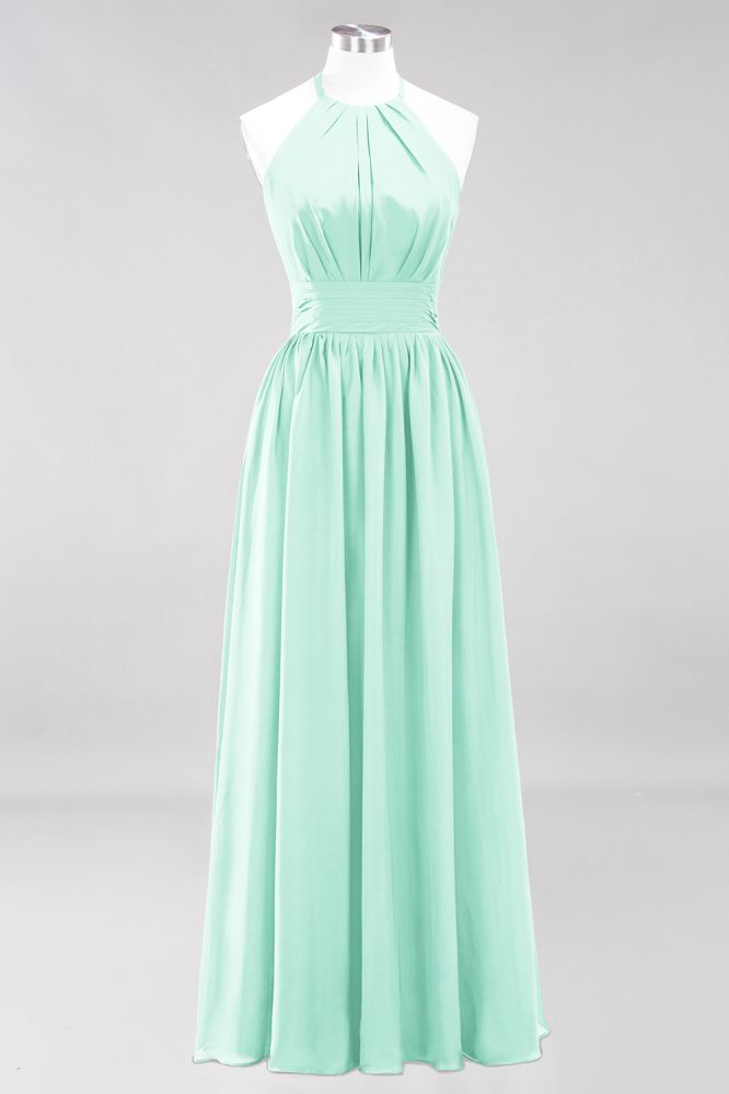 New Arrival Appliques Halter Sleeveless Long Bridesmaid Dresses with Ruffles Elegant Chiffon Evening Maxi Dress