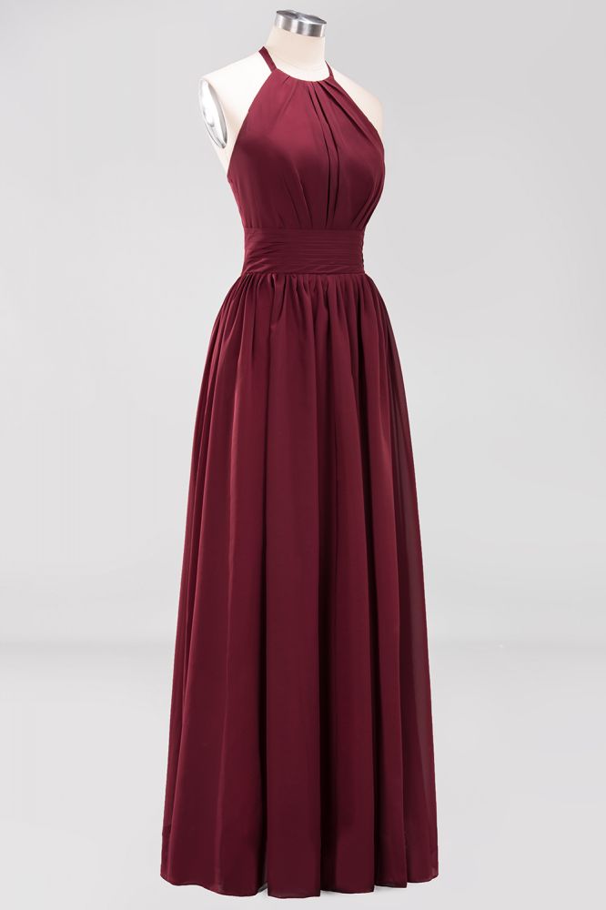 New Arrival Appliques Halter Sleeveless Long Bridesmaid Dresses with Ruffles Elegant Chiffon Evening Maxi Dress
