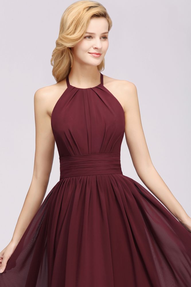 New Arrival Appliques Halter Sleeveless Long Bridesmaid Dresses with Ruffles Elegant Chiffon Evening Maxi Dress