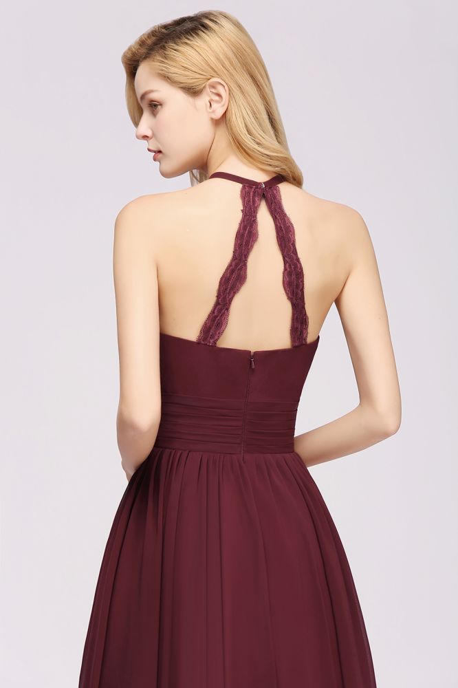 New Arrival Appliques Halter Sleeveless Long Bridesmaid Dresses with Ruffles Elegant Chiffon Evening Maxi Dress