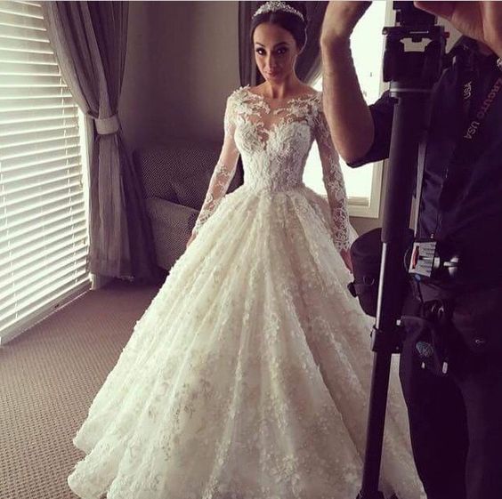 New Arrival Ball Gown Princess Dress Long Sleeve 3D Lace Wedding Dress BA2810