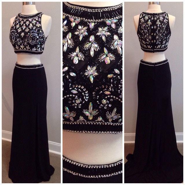 New Arrival Black Two Piece Beading Prom Dress Elegant Floor Length Evening Gown
