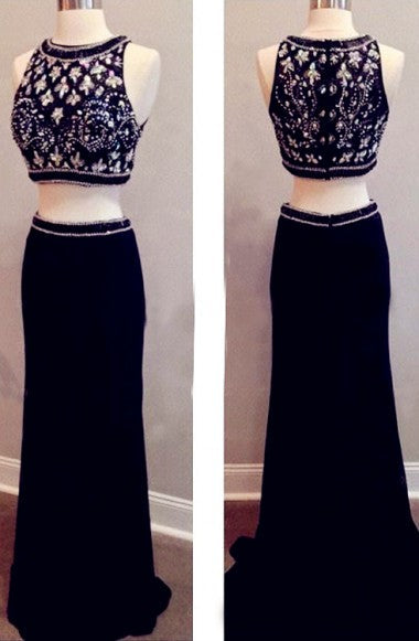 New Arrival Black Two Piece Beading Prom Dress Elegant Floor Length Evening Gown