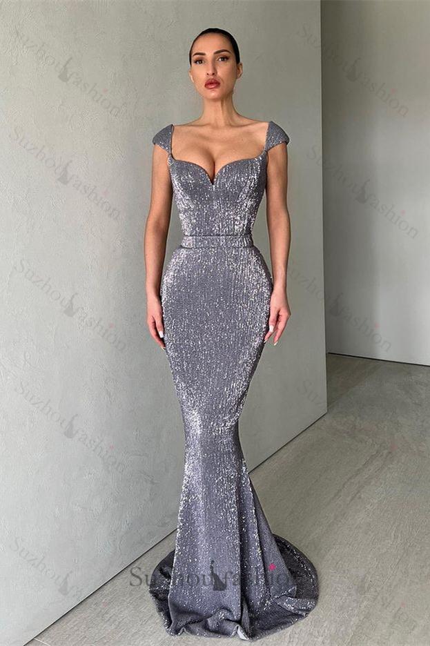 New Arrival Cap Sleeves Sequins Mermaid Evening Dress Long Sweetheart