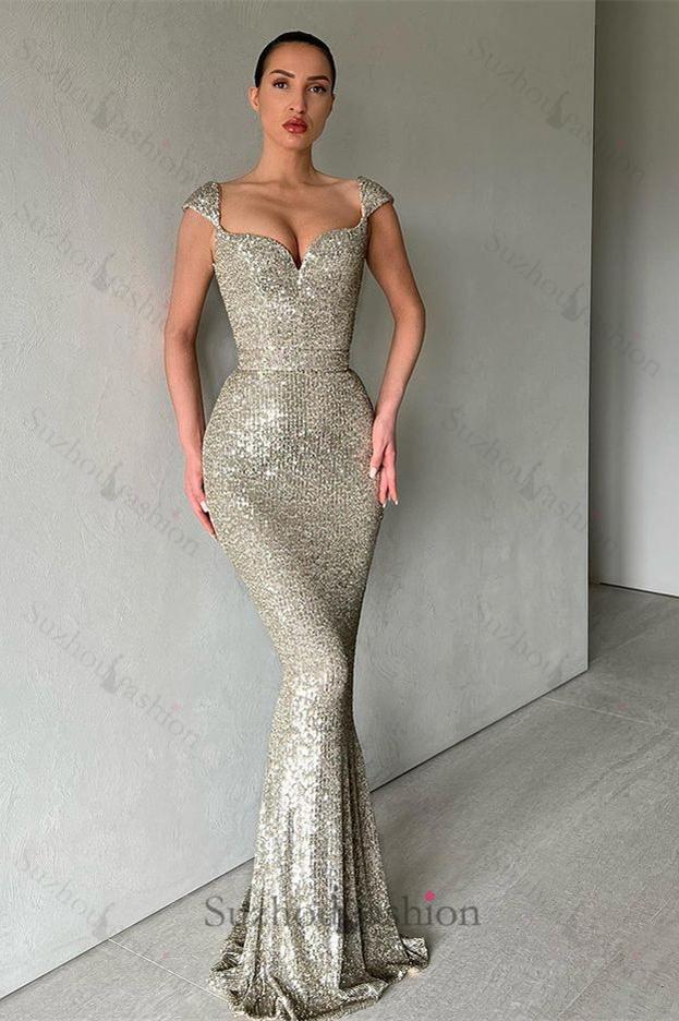 New Arrival Cap Sleeves Sequins Mermaid Evening Dress Long Sweetheart