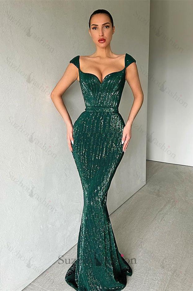 New Arrival Cap Sleeves Sequins Mermaid Evening Dress Long Sweetheart