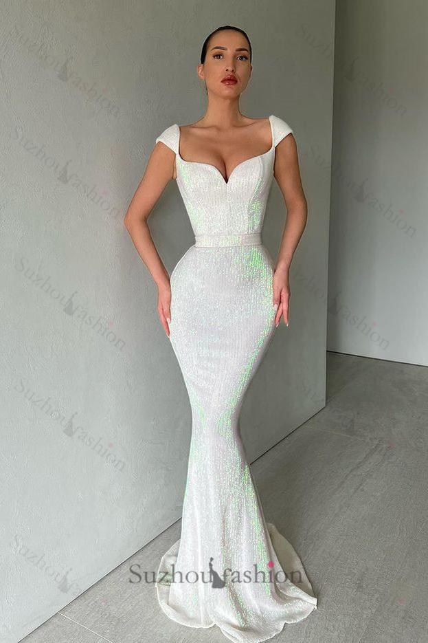 New Arrival Cap Sleeves Sequins Mermaid Evening Dress Long Sweetheart