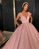 New Arrival Cap Sleeves V-Neck Ball Gown Evening Gown Appliques Long Prom Dresse