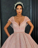 New Arrival Cap Sleeves V-Neck Ball Gown Evening Gown Appliques Long Prom Dresse