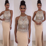 New Arrival Crystal Sleeveless Prom Dresses Side Slit Floor Length Party Gowns BA3098
