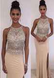 New Arrival Crystal Sleeveless Prom Dresses Side Slit Floor Length Party Gowns BA3098