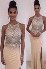 New Arrival Crystal Sleeveless Prom Dresses Side Slit Floor Length Party Gowns BA3098