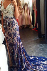 New Arrival Crystal V-Neck Prom Dress Lace Applique Split Formal Occasion Dresses