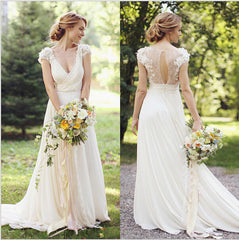 New Arrival Deep V-Neck Chiffon Bridal Gown A-Line Short Sleeve Ruffles Flower Wedding Dress
