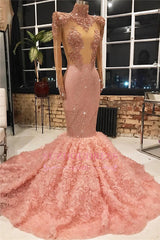 New Arrival High Neck Appliques Party Prom Dresses | Pink Long Sleeves Mermaid Flowers Evening Dresses