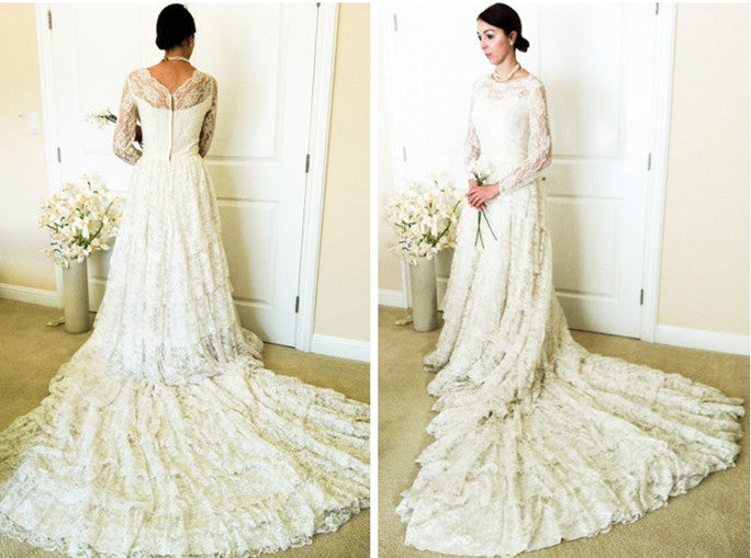 New Arrival Lace Long Sleeve Court Train Bridal Gowns Popular Custom Made Plus Size Wedding Dress
