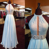 New Arrival Light Blue Sequin Long Prom Dress Chiffon Halter Crystals Belt Evening Gowns