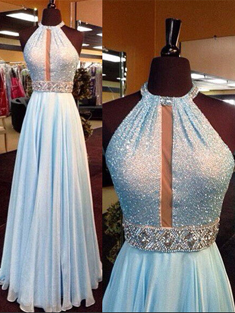 New Arrival Light Blue Sequin Long Prom Dress Chiffon Halter Crystals Belt Evening Gowns