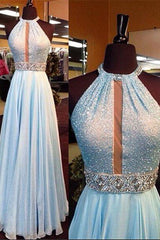 New Arrival Light Blue Sequin Long Prom Dress Chiffon Halter Crystals Belt Evening Gowns