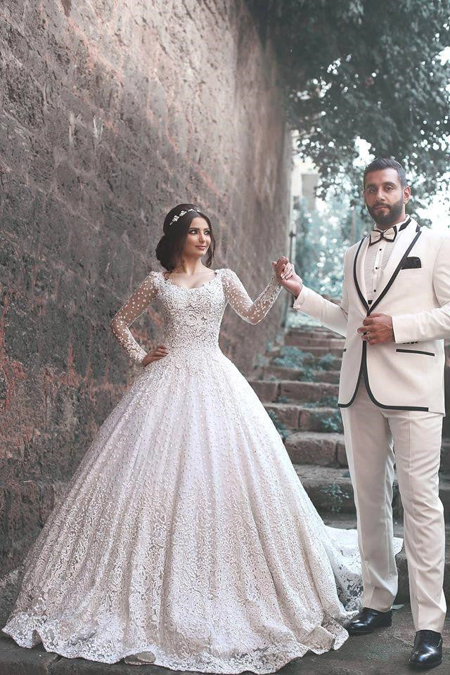 New Arrival Long Sleeve Bridal Dress Lace Applique Custom Made Wedding Dresses MH069