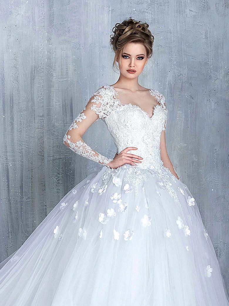 New Arrival Long Sleeve Lace Bridal Gowns Tulle Open Back Court Train Wedding Dresses