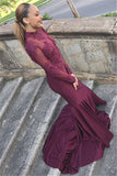 New Arrival Mermaid Long-Sleeves Crew Prom Gown | Lace Appliques Burgundy Prom Dress