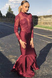 New Arrival Mermaid Long-Sleeves Crew Prom Gown | Lace Appliques Burgundy Prom Dress