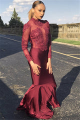New Arrival Mermaid Long-Sleeves Crew Prom Gown | Lace Appliques Burgundy Prom Dress