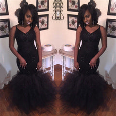 New Arrival Mermaid V-Neck Black Prom Dresses Sequins Sleeveless Evening Gowns BA8031