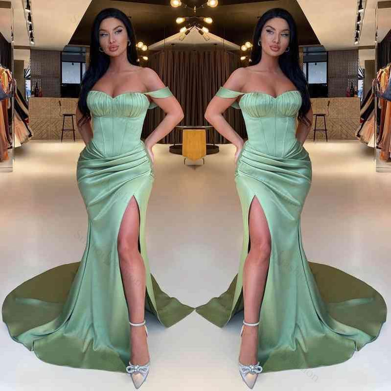 New Arrival Sage Green Off-the-Shoulder Evening Prom Dresses Mermaid Slit