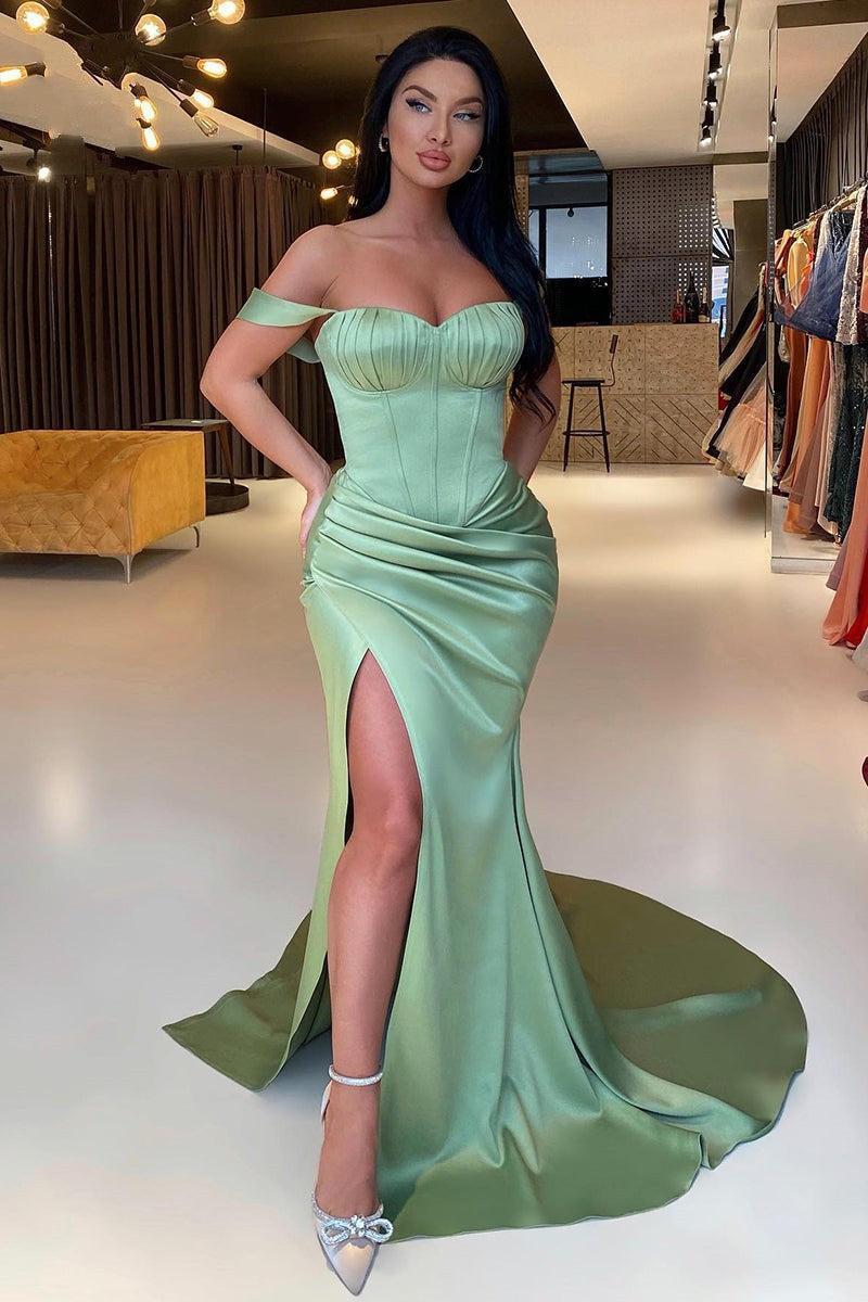 New Arrival Sage Green Off-the-Shoulder Evening Prom Dresses Mermaid Slit