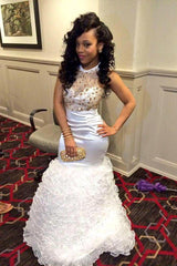 New Arrival Sexy Mermaid Prom Dress Tiered Crystal White Evening Gown