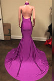 New Arrival Sleeveless Halter Evening Gown | Purple V-Neck Backless Mermaid Prom Dress
