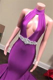 New Arrival Sleeveless Halter Evening Gown | Purple V-Neck Backless Mermaid Prom Dress