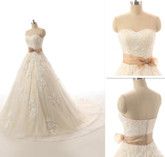 New Arrival Sweetheart Lace Bridal Gowns with Bowknot Champagne Zipper Custom Made Wedding Dress