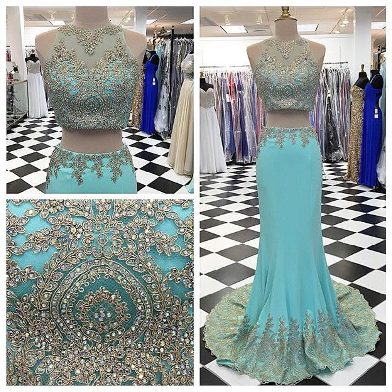 New Arrival Two Piece Mermaid Prom Dress Crystal Sleeveless Long Evening Gowns