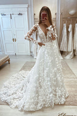 New Arrival V-Neck Lace Long Sleeves Floor Length Bridal Dresses