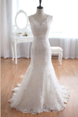 New Arrival V-Neck Mermaid Lace Bridal Gown Bowknot Open Back Sweep Train Wedding Dress