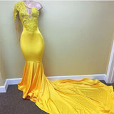 New Arrival Yellow One Shoulder Mermaid Prom Dresses Long Sleeves Appliques Evening Dresses BA7778