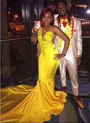 New Arrival Yellow One Shoulder Mermaid Prom Dresses Long Sleeves Appliques Evening Dresses BA7778