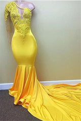 New Arrival Yellow One Shoulder Mermaid Prom Dresses Long Sleeves Appliques Evening Dresses BA7778