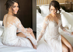 New Full Lace Split Wedding Dresses Illusion Back Bridal Gowns with Detachable Satin Skirt