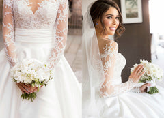 New Full Lace Split Wedding Dresses Illusion Back Bridal Gowns with Detachable Satin Skirt