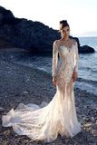 New Long Mermaid Lace Wedding Dresses With Long Sleeves